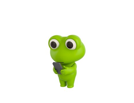 Little Frog character types text message on cell phone in 3d rendering.