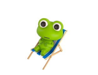 Little Frog character sit on beach chair in 3d rendering.