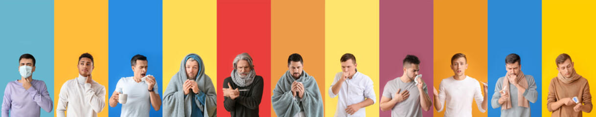 Set of sick men on color background