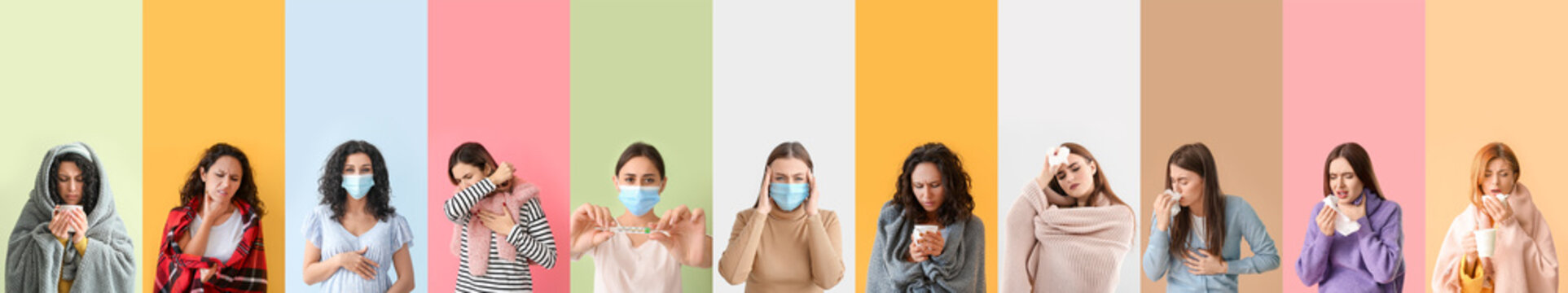 Set of sick women on color background