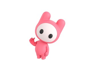 Pink Monster character pointing back thumb up empty space in 3d rendering.