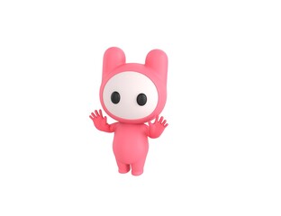 Pink Monster character raising hands and showing palms in surrender gesture in 3d rendering.