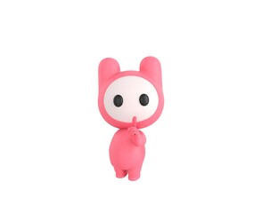 Pink Monster character holding hand near mouth silence gesture in 3d rendering.