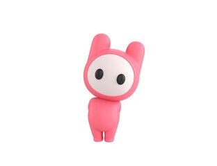Pink Monster character hides his hands behind his back in 3d rendering.