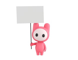 Pink Monster character holding blank banner in 3d rendering.
