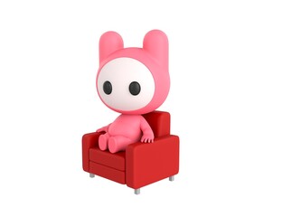 Pink Monster character sitting on sofa in 3d rendering.