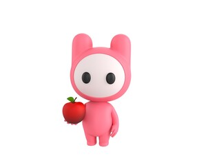 Pink Monster character holding red apple in 3d rendering.