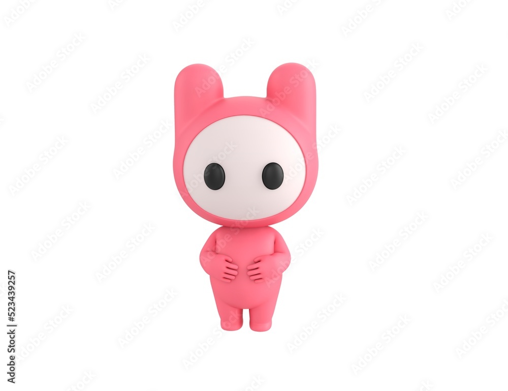 Poster pink monster character keeps both hands on belly in 3d rendering.