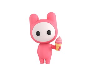Obraz na płótnie Canvas Pink Monster character holding strawberry ice cream cone in 3d rendering.