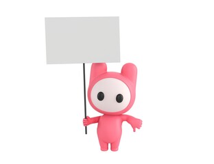 Pink Monster character holding a blank billboard and give thumb down in 3d rendering.
