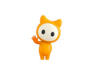 Yellow Monster character raising right hand in 3d rendering.