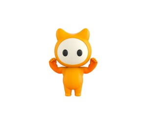 Fototapeta premium Yellow Monster character raising two fists in 3d rendering.