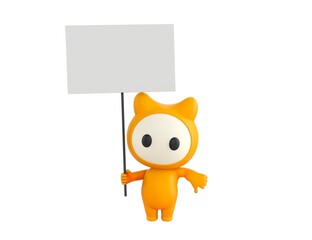 Yellow Monster character holding a blank billboard and give thumb down in 3d rendering.