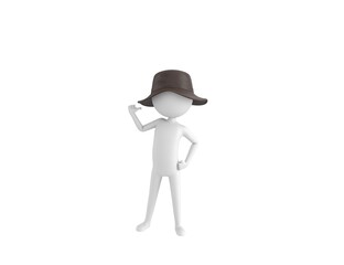 Stick Man Wear Leather Bucket Hat character pointing to himself in 3d rendering.