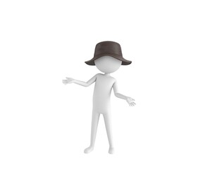 Stick Man Wear Leather Bucket Hat character spreading his hands in 3d rendering.