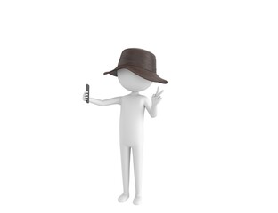 Stick Man Wear Leather Bucket Hat character taking selfie in 3d rendering.