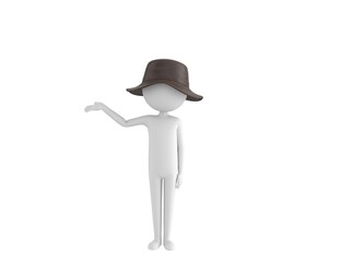 Stick Man Wear Leather Bucket Hat character raise his hand and pointing to the side in 3d rendering.