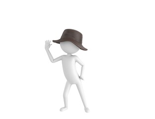 Stick Man Wear Leather Bucket Hat character hold hand near ear listening rumors in 3d rendering.