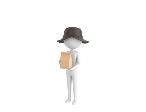 Stick Man Wear Leather Bucket Hat Character Holding Paper Containers For Takeaway Food In 3d Rendering.