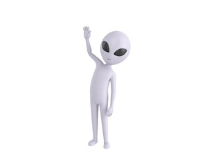 Grey Alien character raising right hand in 3d rendering.