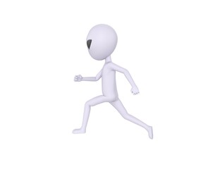 Grey Alien character running to the left side in 3d rendering.