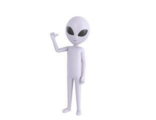Grey Alien character pointing back thumb up empty space in 3d rendering.
