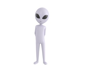 Grey Alien character hides his hands behind his back in 3d rendering.