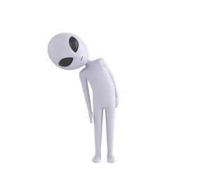 Grey Alien character tilt body to side in 3d rendering.