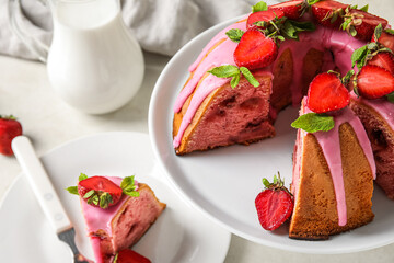 Dessert stand with delicious strawberry cake on table, closeup