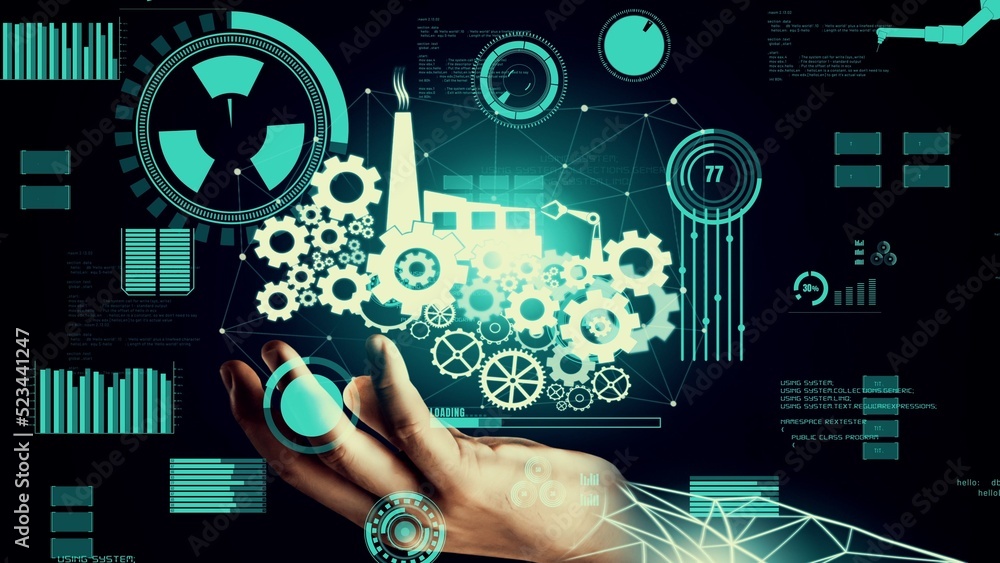 Poster futuristic industry 4.0 and inventive mechanized engineering concept with graphic user interface sho