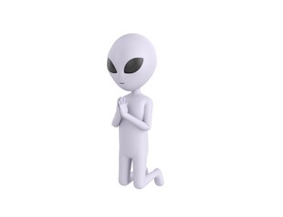 Grey Alien character kneeling and pray in 3d rendering.