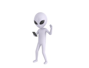 Grey Alien character looking his phone and doing winner gesture with fists up in 3d rendering.