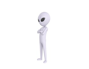 Grey Alien character standing with arms crossed look to the side in 3d rendering.