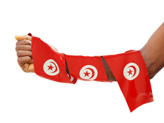 Hand wrapped in Tunisian flag. fist with 3d rendered flag isolated on white background