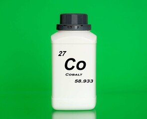 Cobalt Co chemical element in a laboratory plastic container
