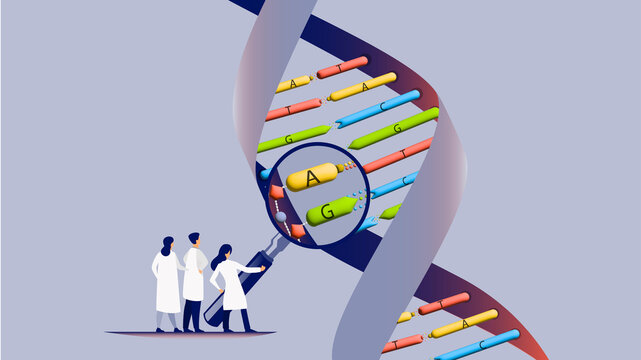 Genetic Letters Lab Technicians holding a magnifying glass against DNA to see an upclose image of bases