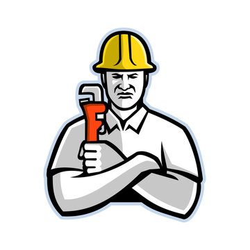 Pipefitter Holding Pipe Wrench Mascot