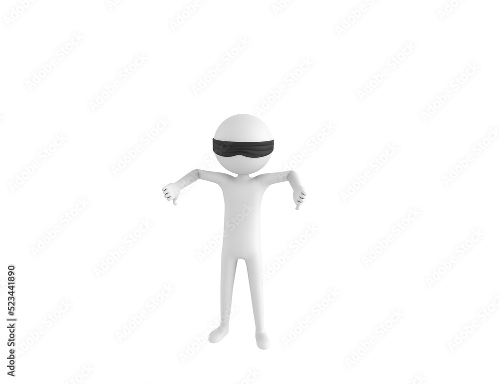 Wall mural blind folded stick man character showing thumb down with two hands in 3d rendering.