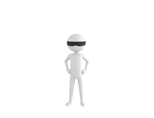 Blind Folded Stick Man character with hands on hip in 3d rendering.