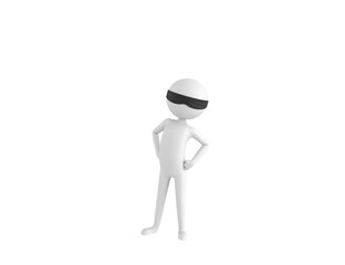 Blind Folded Stick Man character confident keeping hands on hips in 3d rendering.