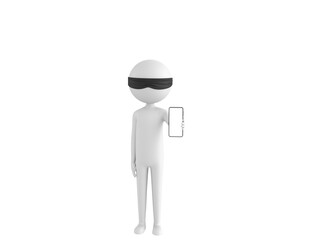 Blind Folded Stick Man character showing his phone in 3d rendering.