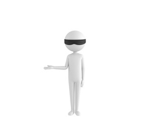 Blind Folded Stick Man character looking to camera and pointing hand to the side in 3d rendering.