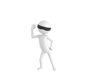 Blind Folded Stick Man character hold hand near ear listening rumors in 3d rendering.