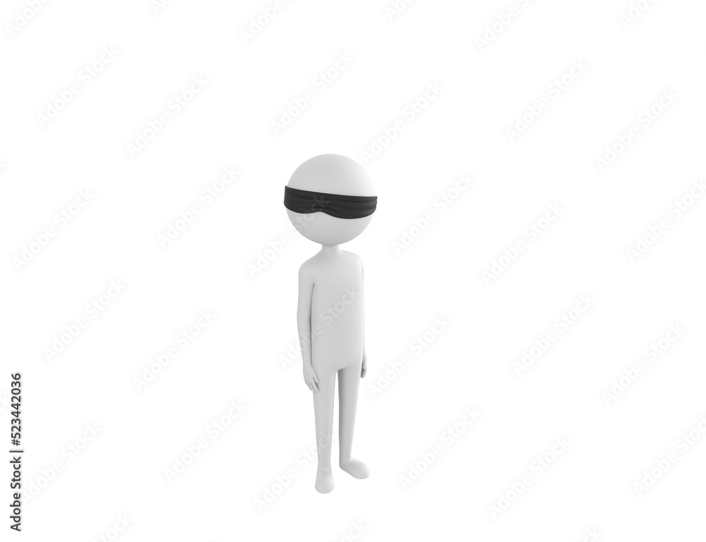 Poster Blind Folded Stick Man character standing and look up to camera in 3d rendering.