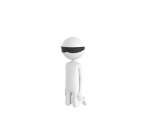 Blind Folded Stick Man character kneeling in 3d rendering.