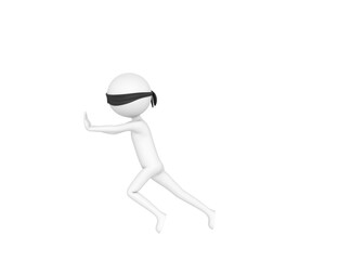 Blind Folded Stick Man character pushing wall in 3d rendering.