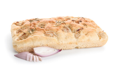 Tasty Italian focaccia with onion isolated on white background