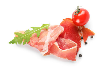 Slice of delicious jamon, peppercorns and tomato on white background
