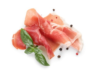 Slice of delicious jamon on white background