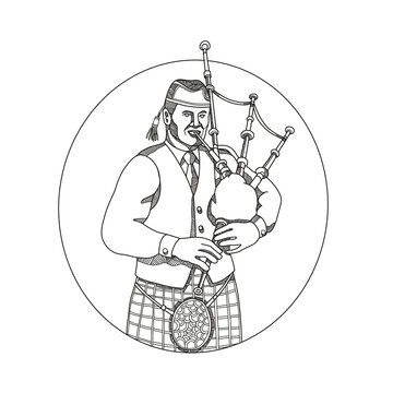 bagpiper playing bagpipes in black and white clip art preview